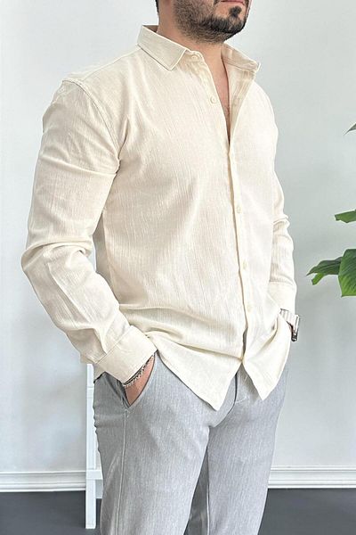 Edwox Ανδρικό πουκάμισο από ύφασμα Crinkle Cream Edw362
