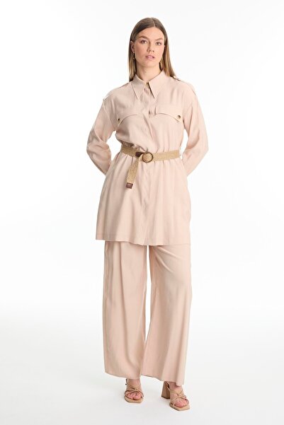 Zühre Shirt Collar Belted Beige Double Suit Tk-1550