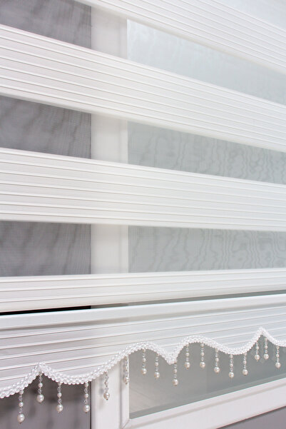 Naza Geniş Pliseli Alüminyum Kasa Beyaz Boncuklu Zebra Stor Perde