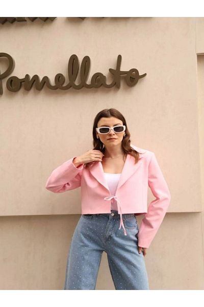 Gameyal Women's Comfortable Fit Front Tie Detailed Lace up Crop Jacket