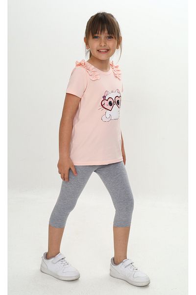 Sevimli Girl's Summer T-Shirt & Leggings Set with Ruffled Glasses and Cat Pattern