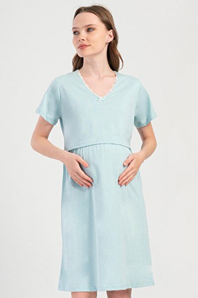 VİENETTA Women's Short Sleeve Maternity Mint Tunic 100% Cotton C2T5N0O804