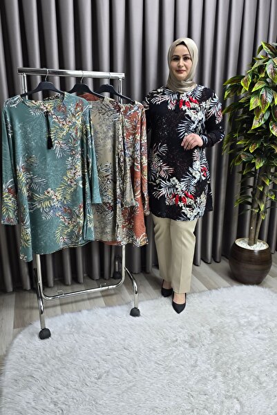 Elmas Tesettür Женска скромна дреха, туника с палмов мотив, голям размер