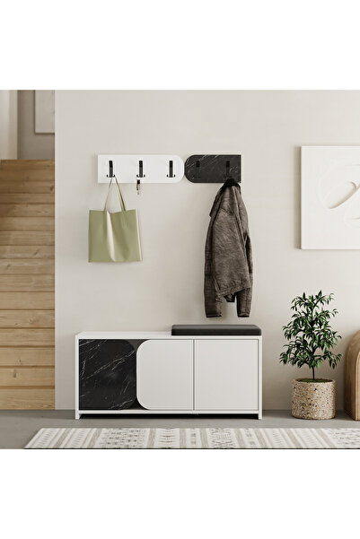 Mourah Home Moni Bench & Shoe Cabinet with Cushion - Coat Rack - 5 Hooks & 3 ...