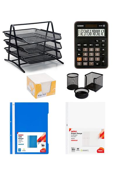 Mas Metal Document Rack 3-Piece Office Set Document Rack Perforated Set Office Desk Set with Calculator