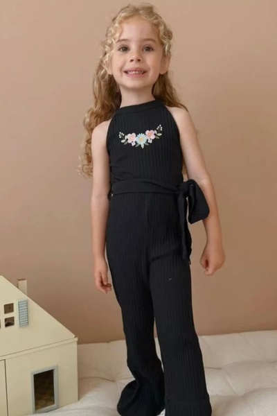 Kidmark Çocuk Modası Kız Çocuk Çiçek Desenli Siyah Kemerli Tulum