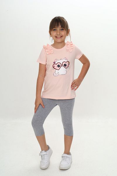 Sevimli Girl's Summer T-Shirt & Leggings Set with Ruffled Glasses and Cat Pattern
