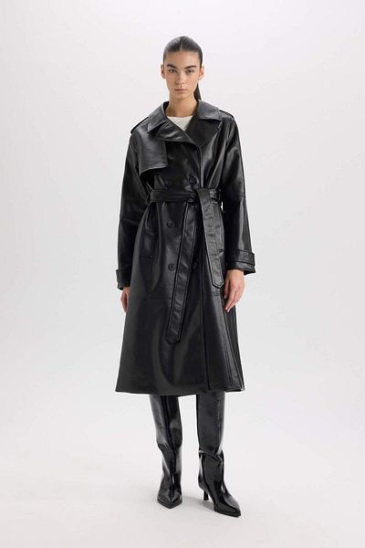 DeFacto Water Repellent Faux Leather Black Women's Trench Coat A7960Ax/Bk27