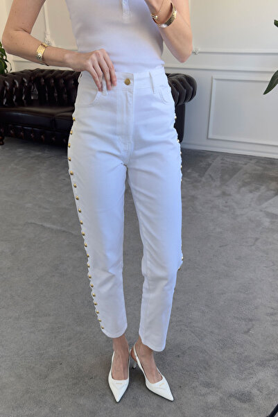 MAGARDE Pantaloni cu detalii aurii și inserții laterale - ECRU