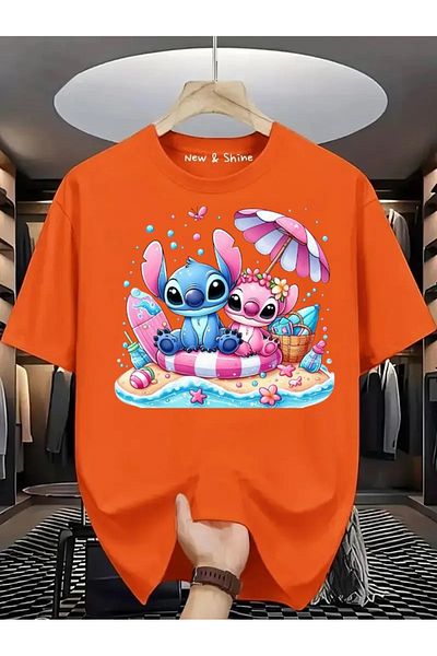New Shine Stitch and Angel Printed Large Size Oversize T-Shirt