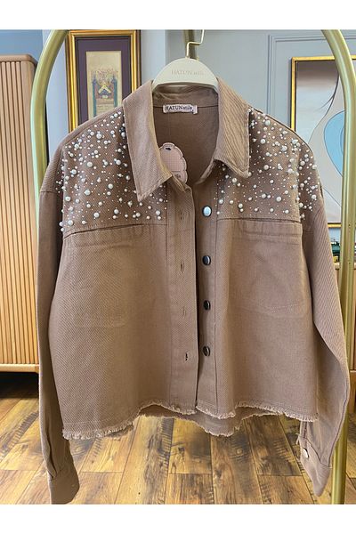 Hatun Atila Μακρυμάνικο Crop Jacket με λεπτομέρειες με πέρλες και πέτρες - Καφέ
