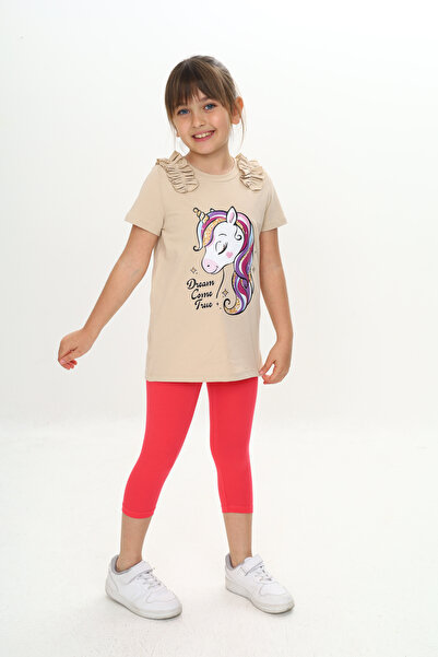 Sevimli Girl's Summer T-Shirt & Leggings Set with Ruffles and Unicorn Pattern