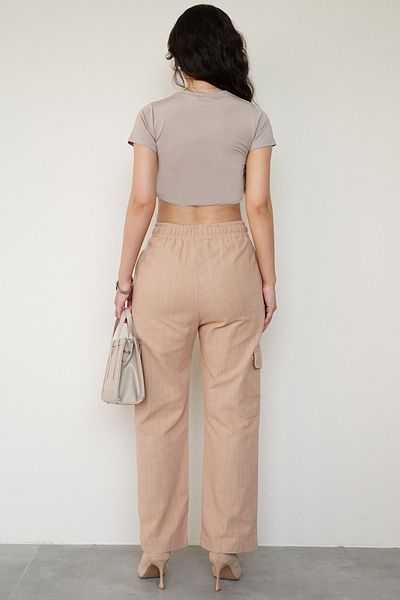 Seeh Beige Muslin Fabric Women's Trousers - Pocket Detail, Waist Elastic Sh186