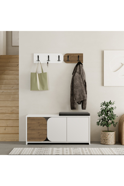 Mourah Home Moni Bench & Shoe Cabinet with Cushion - Coat Rack - 5 Hooks & 3 ...