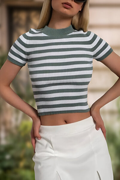 AQE FASHION Γυναικεία μπλούζα με ριγέ κοντό μανίκι με λαιμόκοψη Basic Mint