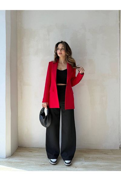 ENZOI Red Double Breasted Collar Buttoned Blazer Jacket