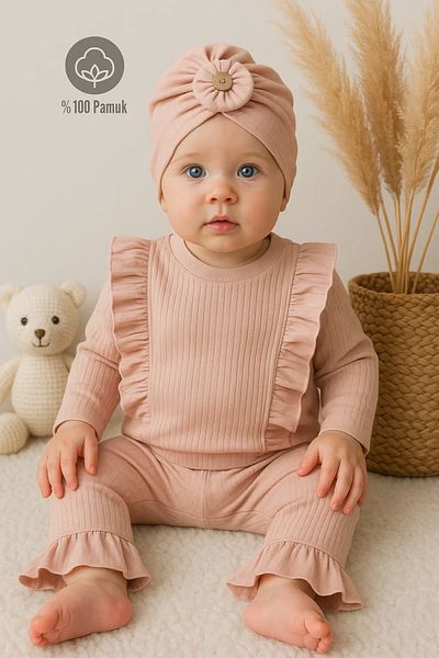 Babydonat طقم مكون من 3 قطع من القطن 100% بونيه للفتيات الصغيرات - تفاصيل كشكش على الكتف