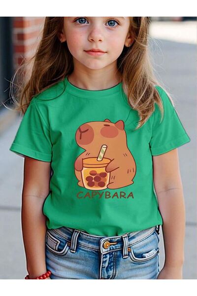 MORNİNG KİDS Κοριτσίστικο μπλουζάκι Capy Bara με στάμπα με πράσινη λαιμόκοψη από βαμβακερό χτενισμένο