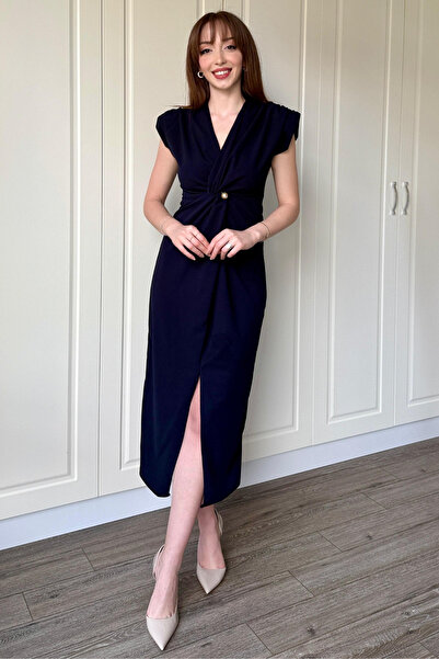 Dilay Gökoğlu Butik Double Breasted Collar Padded Pearl Navy Blue Dress