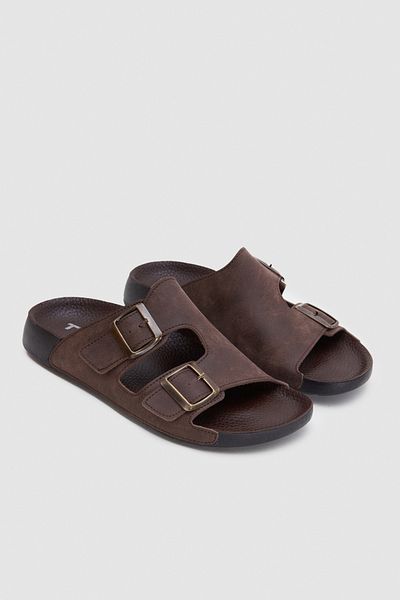 Twn Brown Double Buckle Slippers
