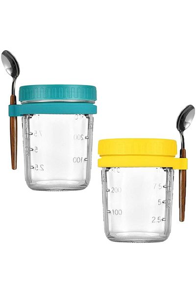 Quasar & Co. Set of 2 glasses with spoons Quasar & Co.®, graduated, to go, for breakfast, glass/stainless steel, yellow-turquoise