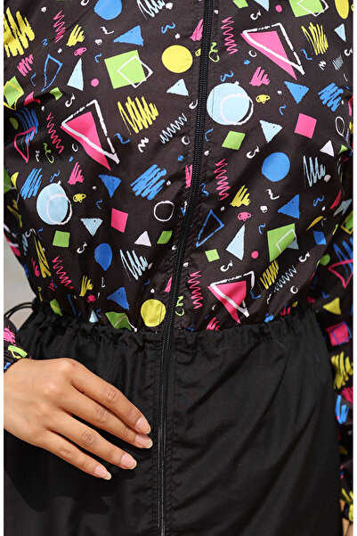 sefamerve Geometrikus mintás teljesen fedett hidzsáb fürdőruha elasztikus derékkal 5041-01 fekete