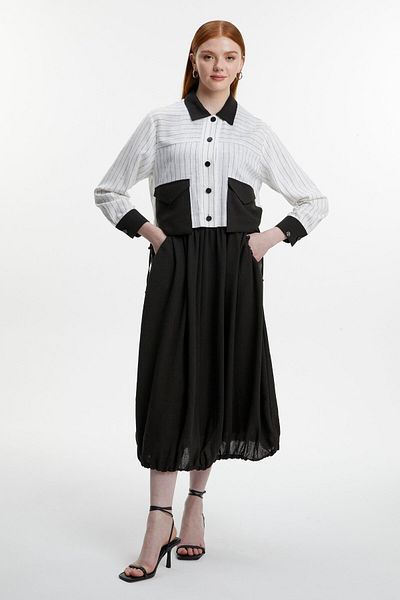Zühre Shirt Collar Pocket Detailed Ecru/Black Double Suit Tk-1617