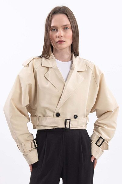 Hatun Atila Oversize Short Double-Breasted Cut Belted Trench Coat - Ecru