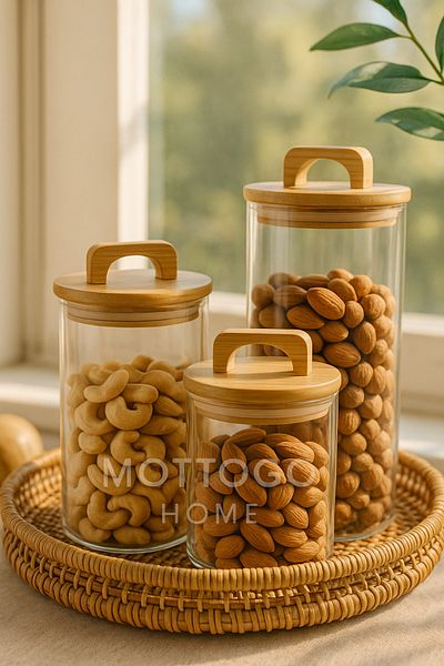 Mottogo Set of 3 Jars with Bamboo Vacuum Lids (1380 Ml, 950 Ml, 650 ml)