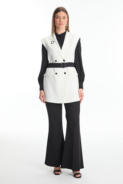 Zühre Double Breasted Collar Accessory Detailed Belted Ecru/Black Double Suit Tk-1471