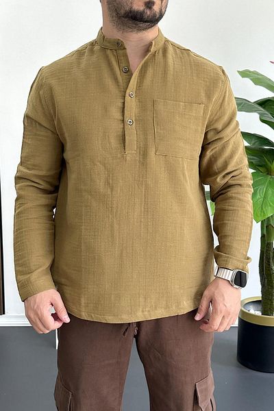 Edwox Men's Judge Collar Half Placket Pocket Shirt Mustard Edw361