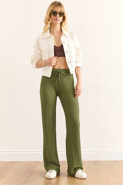 Olalook Women's Khaki Elastic Waist Textured Palazzo Trousers Pnt-19000338