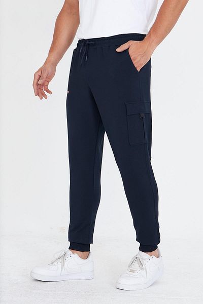 Marco Ferry Men's Cotton Cargo Pocket Sweatpants Navy Blue 5821-L