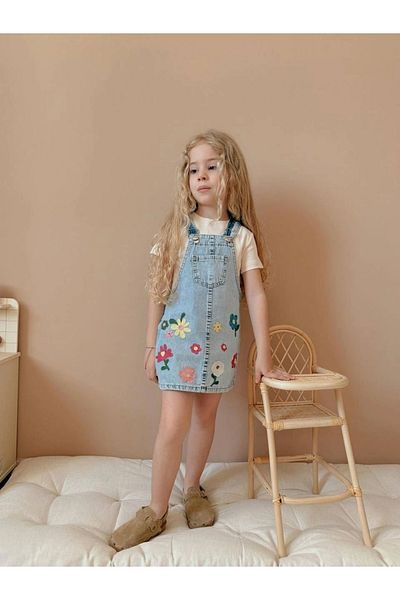 Kidmark Çocuk Modası Girl's Floral Embroidered Denim Salopet