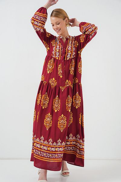 Bigdart 2423 Φόρεμα Hijab με αυθεντικό σχέδιο - E. Claret Red