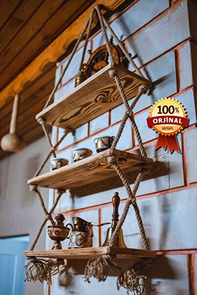 Kozan Raf Büyük Boy Ahşap 3’lü Halatlı Dekoratif Duvar Rafı – Hazır Kurulu