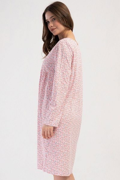 VİENETTA Women's Large Size Long Sleeve Salmon Nightgown 100% Cotton