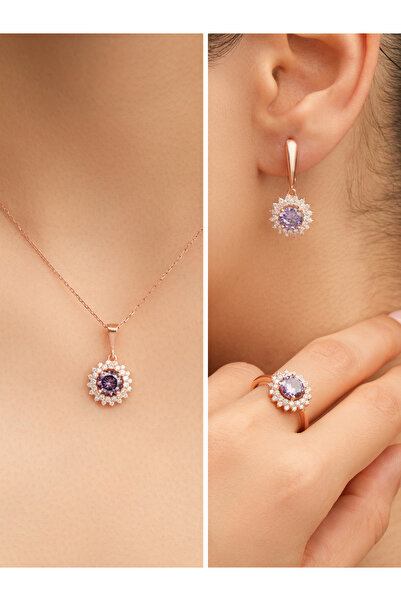 Siset Gümüş 925 Ayar Rose Kaplama Ametist Taşlı Gümüş Set