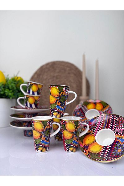 Okyanus Home Lemon Detailed Interlocking Set of 6 Coffee Cups