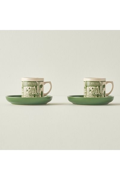 Bella Maison Scene Ceramic Set of 2 Coffee Cups Green (105 Cc)
