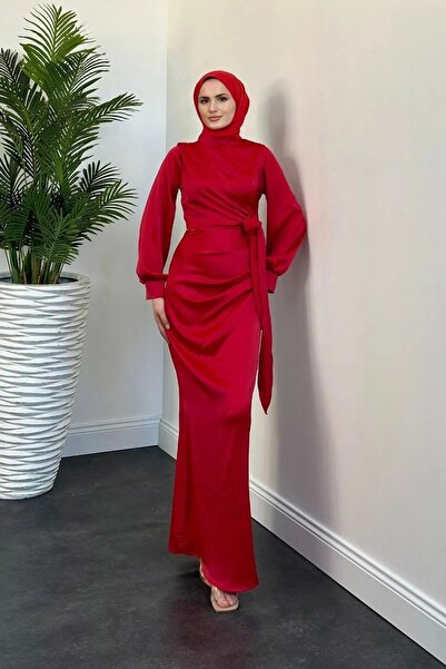 Abiye Diyarı Rochie de seara din satin cu siret pentru dama-Rosu