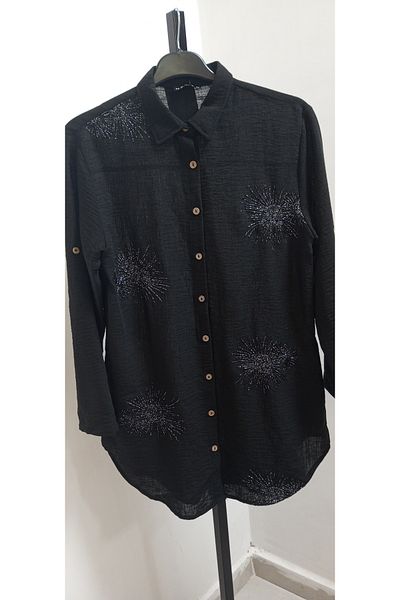 AKŞEN GİYİM Plus Size 100% Cotton Silvery Embroidered Shirt Collar Side Pocket 85 cm Tunic