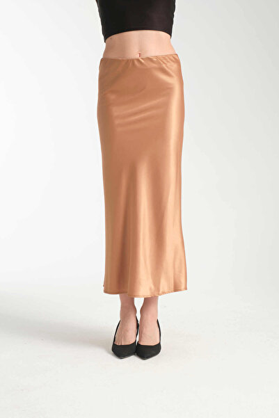 İLKCET MODA Γυναικεία φούστα από σατέν ύφασμα Midi μήκους