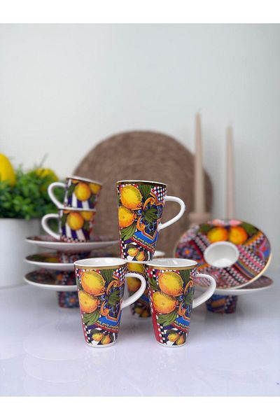 Okyanus Home Lemon Detailed Interlocking Set of 6 Coffee Cups