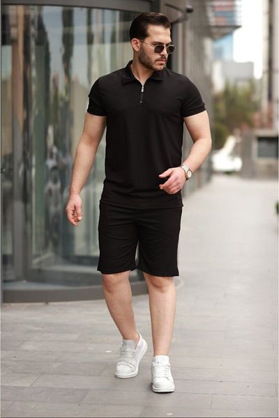 JANES Men's Collared Zippered T-Shirt Shorts Set of Two