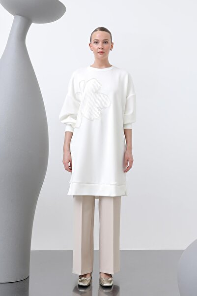 Puane Women's Front Embroidered Garni Detailed Tunic - 10627Tnk - Ecru