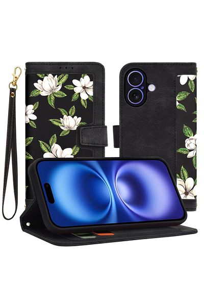 SKYDDAR INNOVATION Husă pentru iPhone 16, portofel floral, din piele ecologică, buzunare pentru carduri, neagră, set de stickere