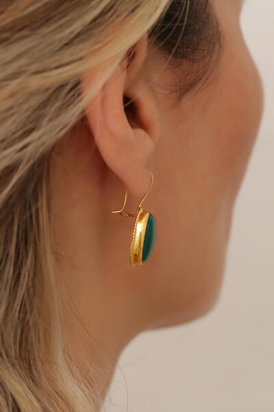 Bayar Gold 14 Ayar Altın Yeşil Akik Taşlı Meftüllü Oval Küpe