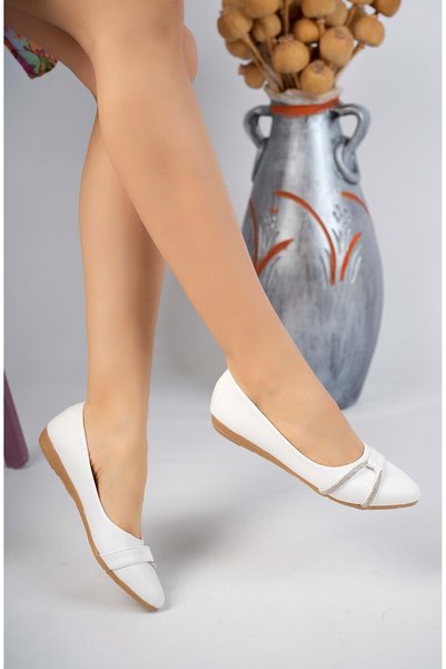 bulutmod Ba04253 White Women's Side Stone Detailed Daily Large Size Ballerina Shoes - White - 41