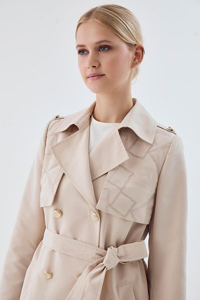 Zühre Double Breasted Collar Embroidery Detailed Stone Trench Coat 13736